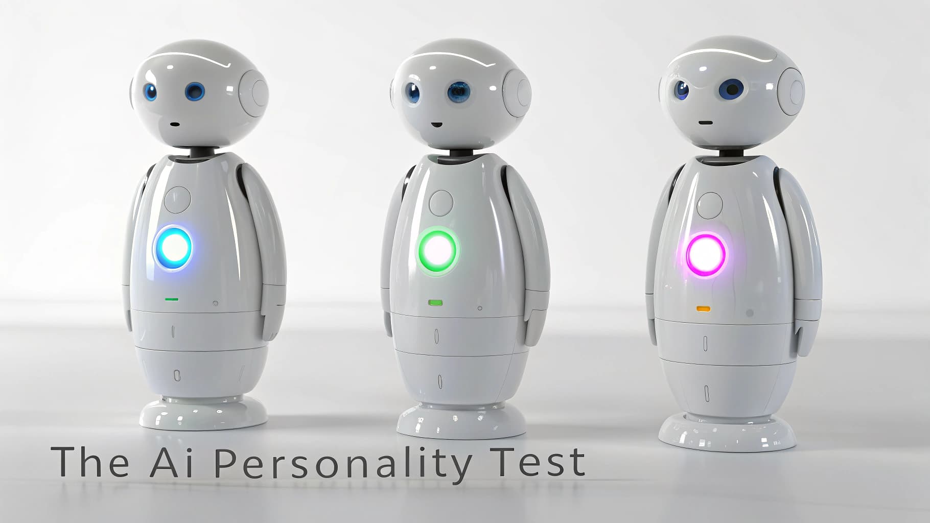 لاثة روبوتات بيضاء متطابقة ترمز لنماذج الذكاء الاصطناعي المختلفة، حيث يضيء كل روبوت بلون فريد (أزرق، أخضر، وأرجواني) لتوضيح فكرة اختبار الشخصية للذكاء الاصطناعي