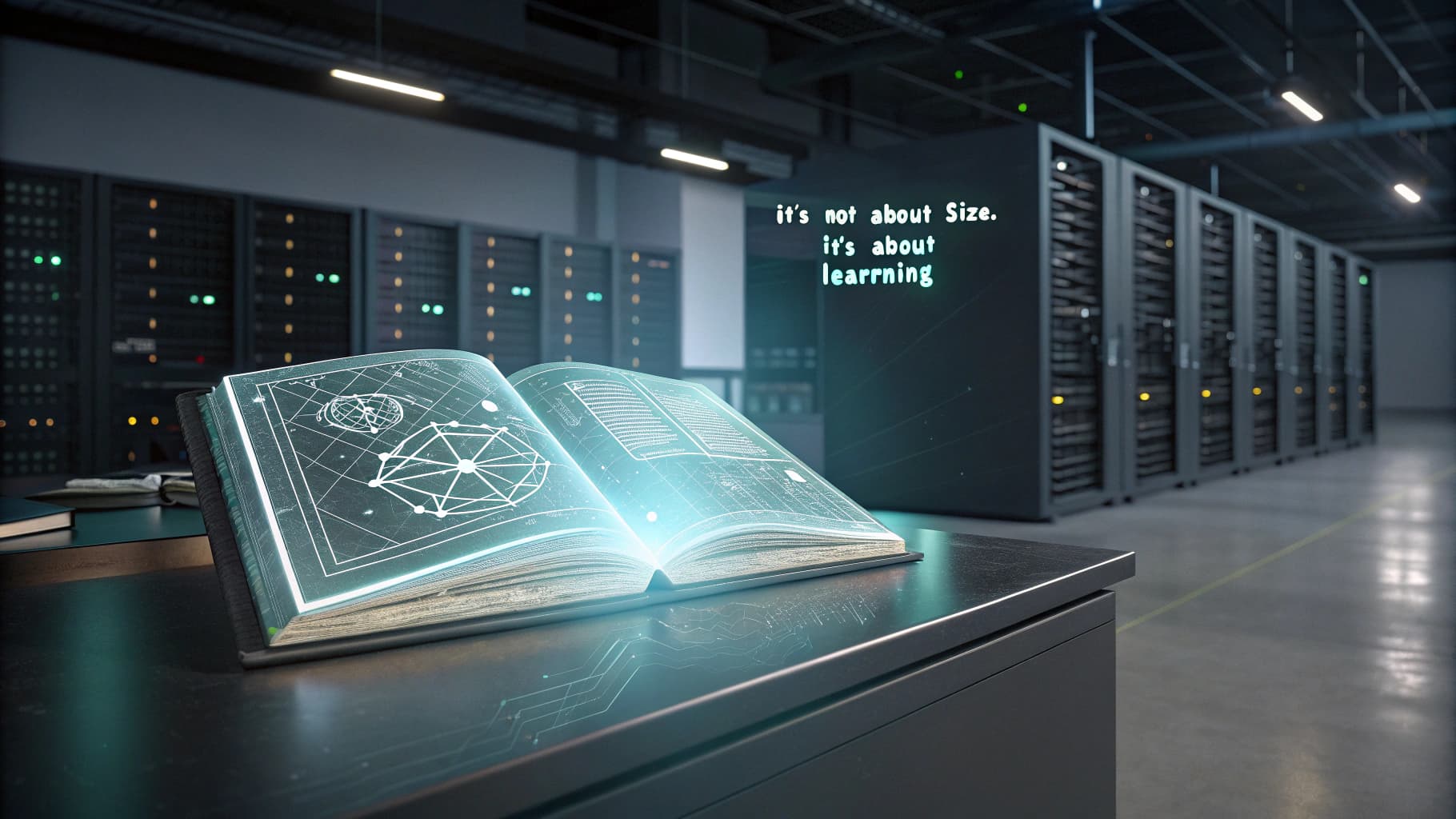 A glowing, open book displaying complex algorithms rests on a desk in a large datacenter. The image contrasts the concept of deep AI 'learning' (the book) with the brute-force approach of 'scaling' represented by the rows of servers in the background