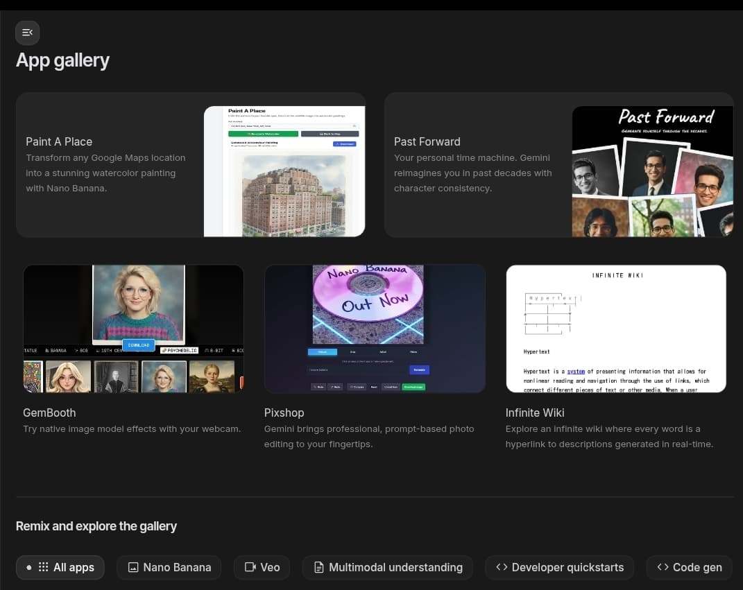 واجهة معرض التطبيقات "App Gallery" في منصة Google AI Studio، تعرض أمثلة متنوعة لتطبيقات ذكاء اصطناعي يمكن بناؤها بسهولة.