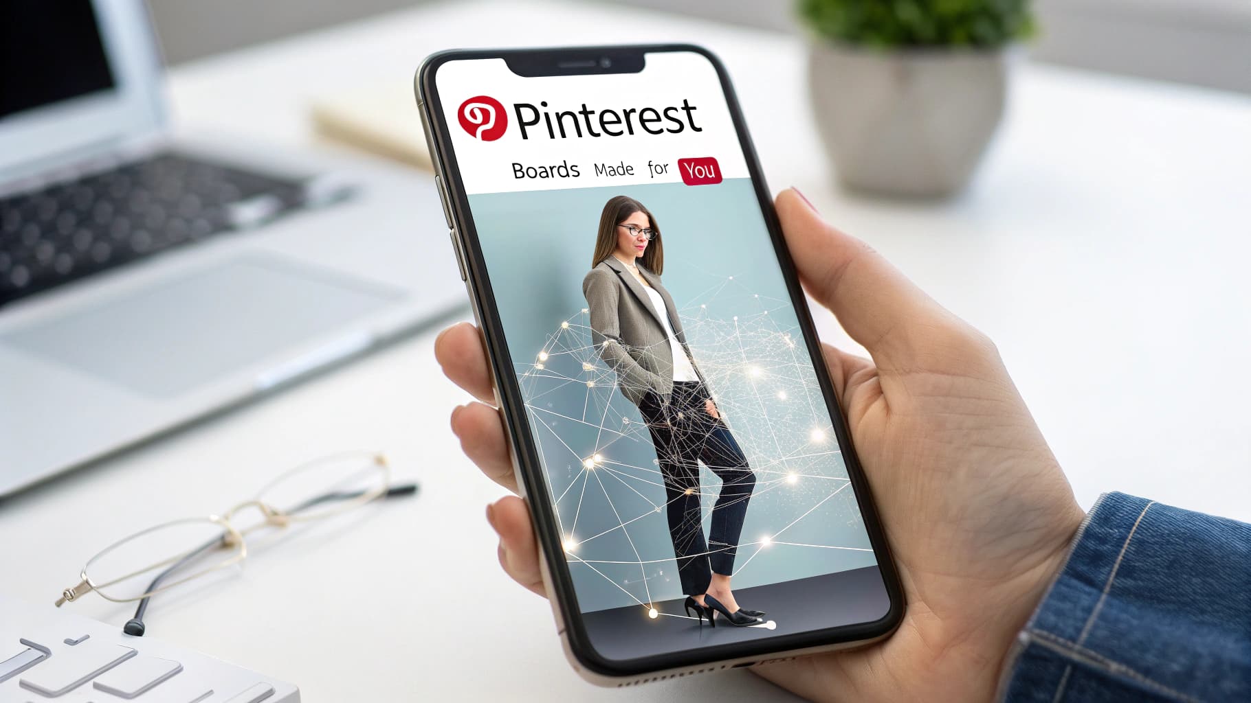 A hand holding a smartphone displaying the Pinterest app. The screen showcases the "Boards Made for You" AI feature with a model and a glowing network graphic symbolizing artificial intelligence.