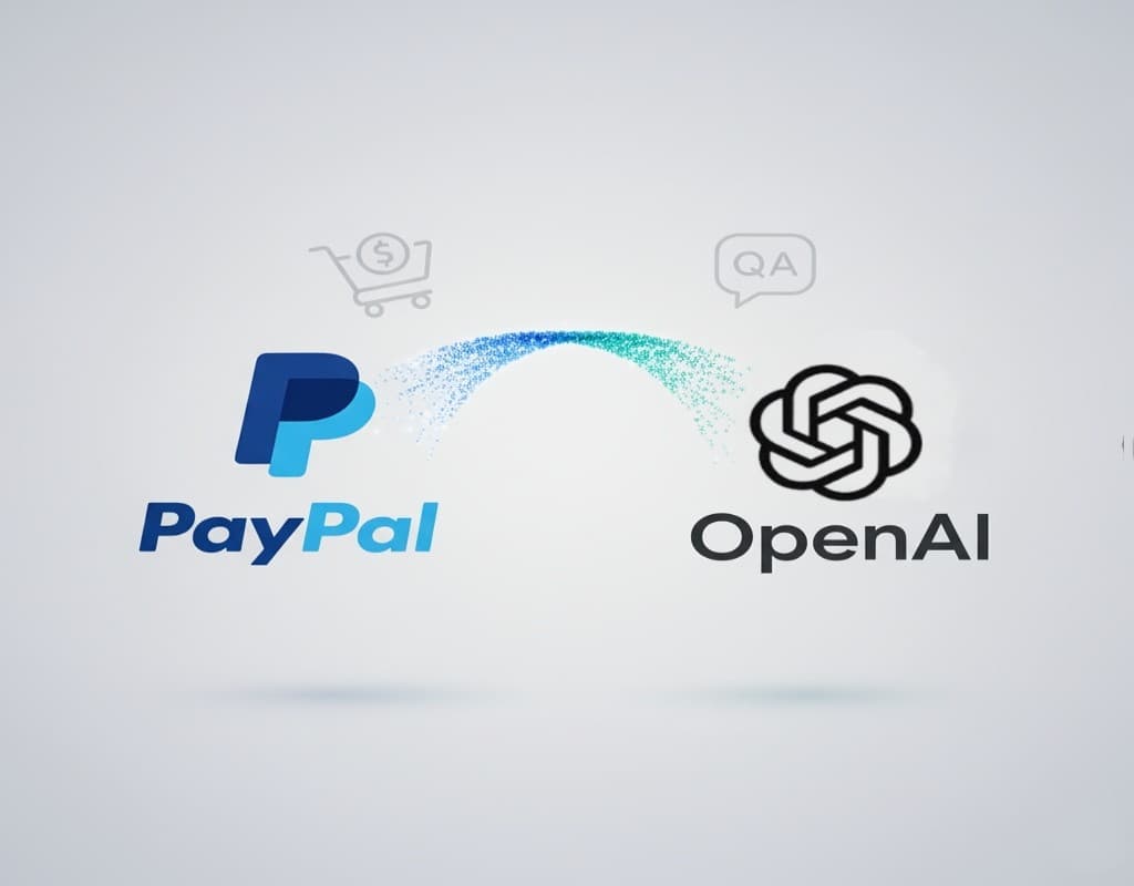 The PayPal and OpenAI logos connected by a digital particle bridge, symbolizing their partnership to integrate payments and commerce into ChatGPT.