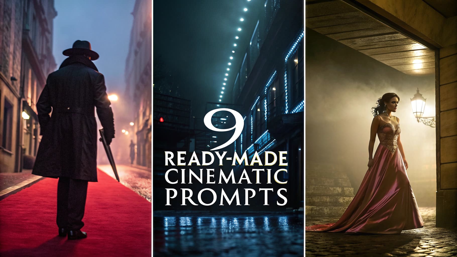 Featured image for a blog post about cinematic AI prompts. The image is a triptych: the left panel shows a mysterious man in a trench coat on a red carpet; the center displays the text '9 Ready-Made Cinematic Prompts' over a wet street; the right panel shows a glamorous woman in a gown in a smoky, dramatically lit alley.