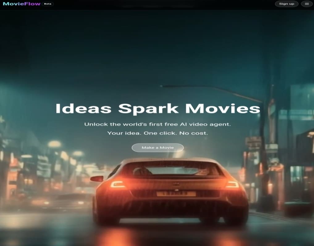The MovieFlow.ai homepage featuring a cinematic scene of a car on a rainy street, with the headline "Ideas Spark Movies" promoting the world's first free AI video agent.