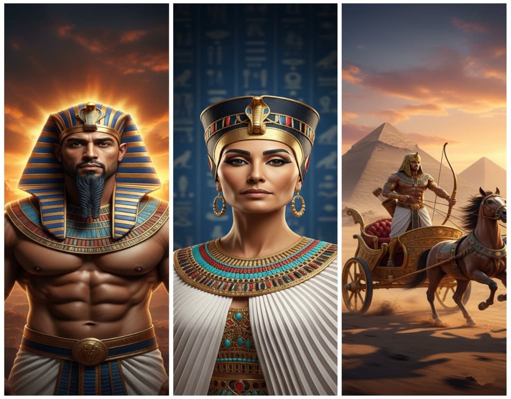 تصميم ثلاثي يعرض أنماطًا فرعونية متنوعة: في اليسار، ملك فرعوني قوي بهالة ذهبية إلهية؛ في المنتصف، ملكة مصرية أنيقة أمام جدار هيروغليفي؛ وفي اليمين، فرعون محارب في عربة حربية بالصحراء.