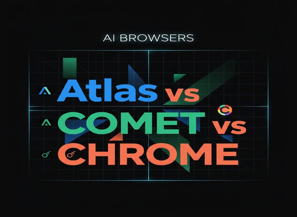 صورة تقنية تعرض مقارنة بين متصفحات الذكاء الاصطناعي: أطلس (Atlas) ضد كوميت (Comet) وضد كروم (Chrome) مع شعار متصفح كروم.