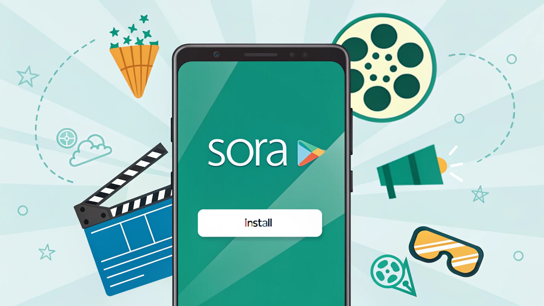 An Android smartphone showing the Sora app's install screen on the Google Play Store, surrounded by creative video-making icons like a clapperboard and film reel.