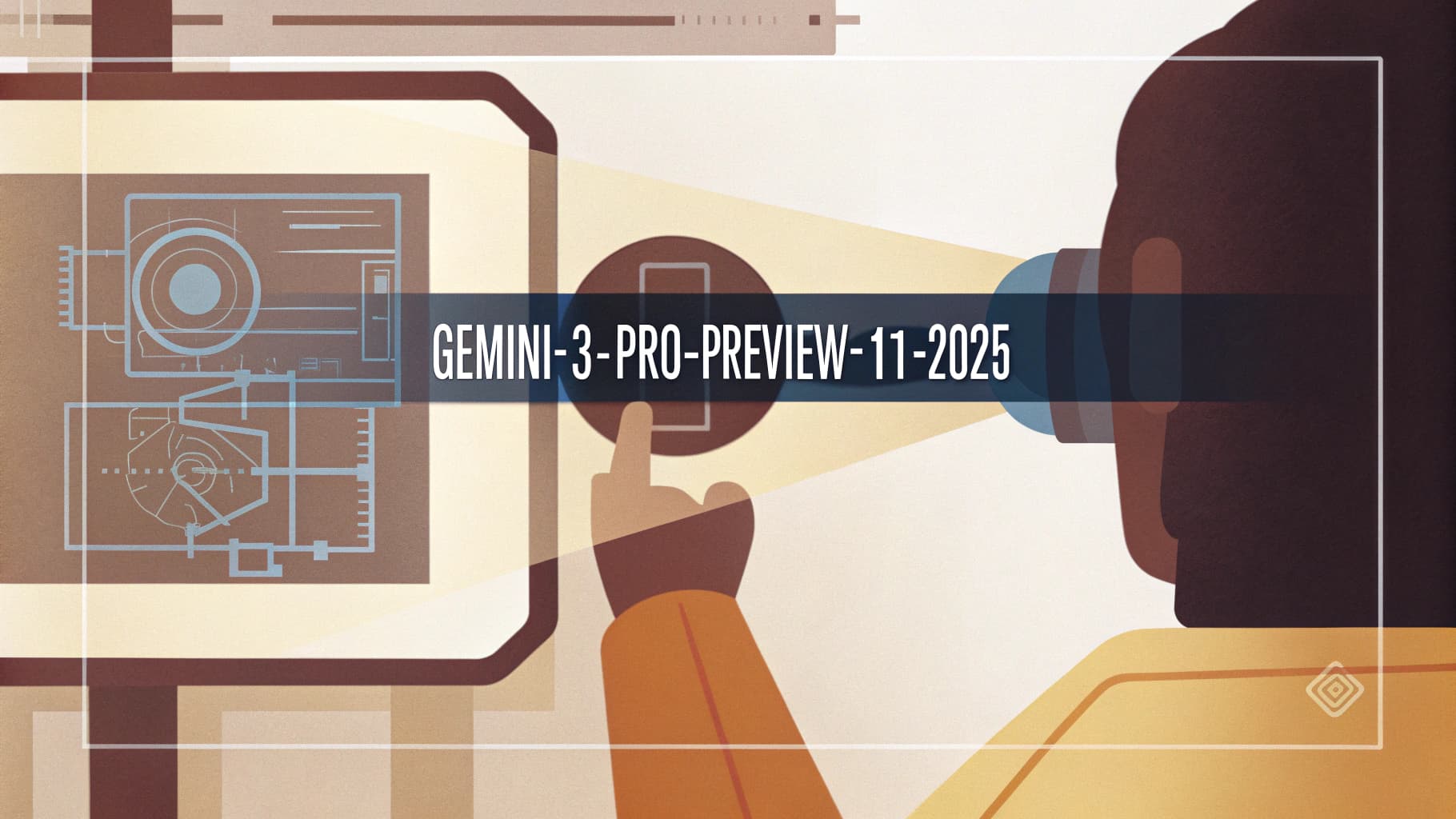 Illustration of a developer viewing a technical blueprint of the Gemini 3 Pro Preview, revealing its November 2025 release date.