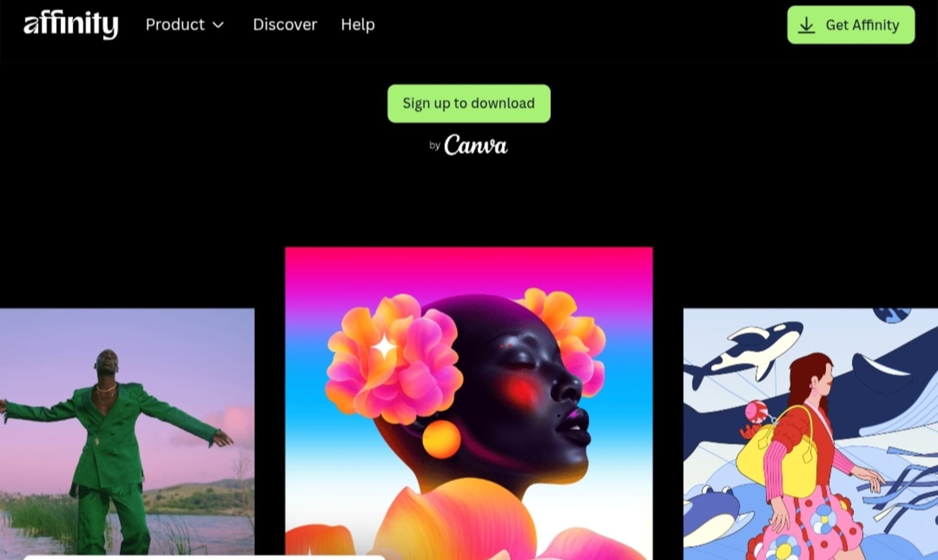 A screenshot of the Affinity by Canva website, showing the "Sign up to download" button. Below it are examples of creative artwork, including a vibrant portrait of a woman with flowers, representing the app's professional capabilities