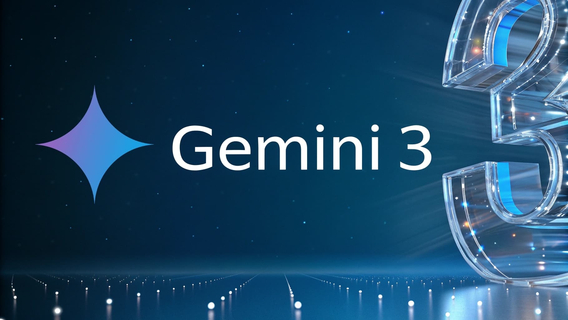 Official Google Gemini 3 logo centered with the AI sparkle icon, featuring a large 3D glass number 3 on the right against a dark blue starry tech background.