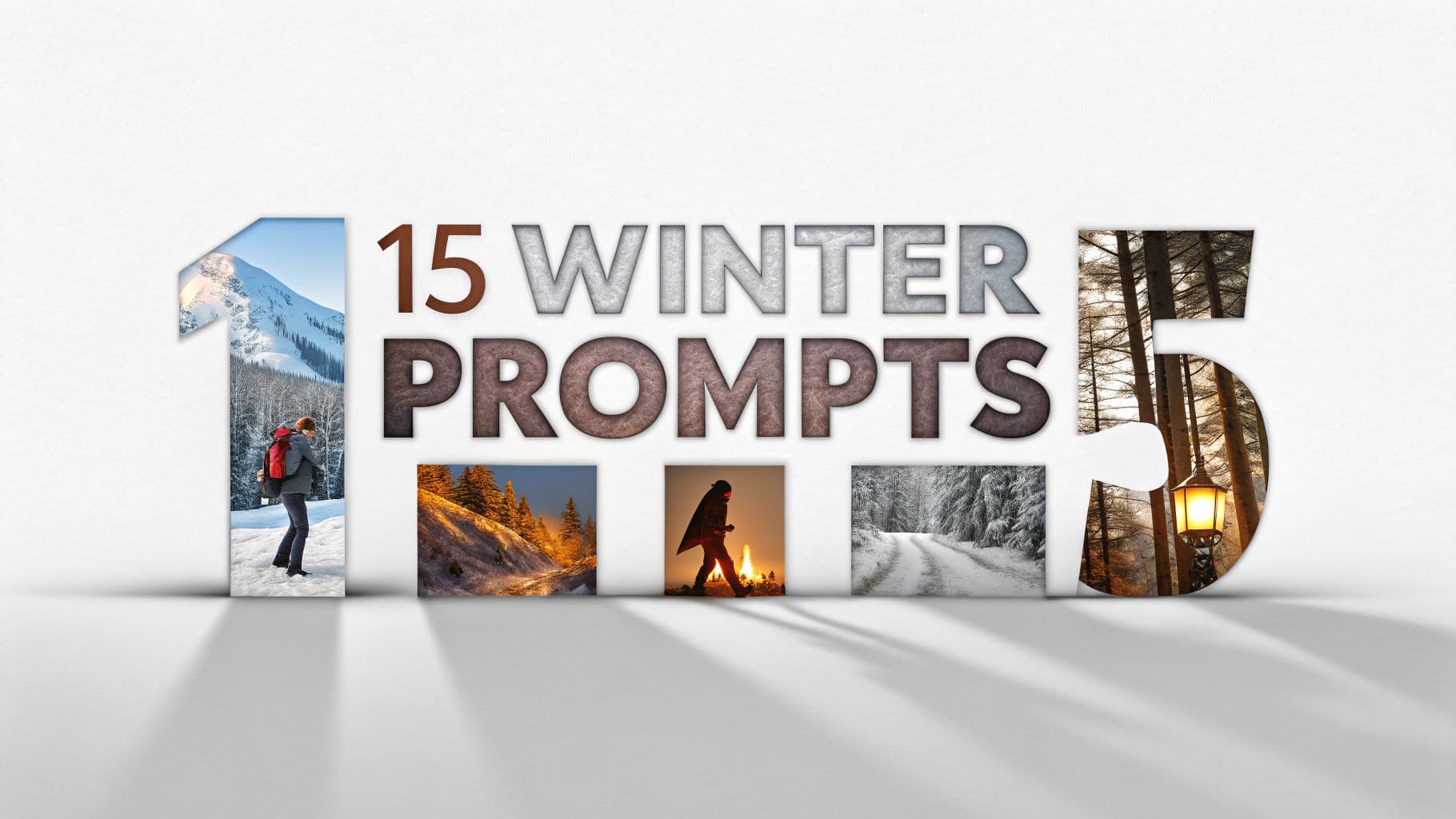 A creative banner with the text "15 WINTER PROMPTS" in large, 3D letters. The numbers 1 and 5 act as windows showing winter landscapes, such as a person on a snowy mountain and a lantern-lit forest. Below the text are smaller square images showcasing other winter scenes.