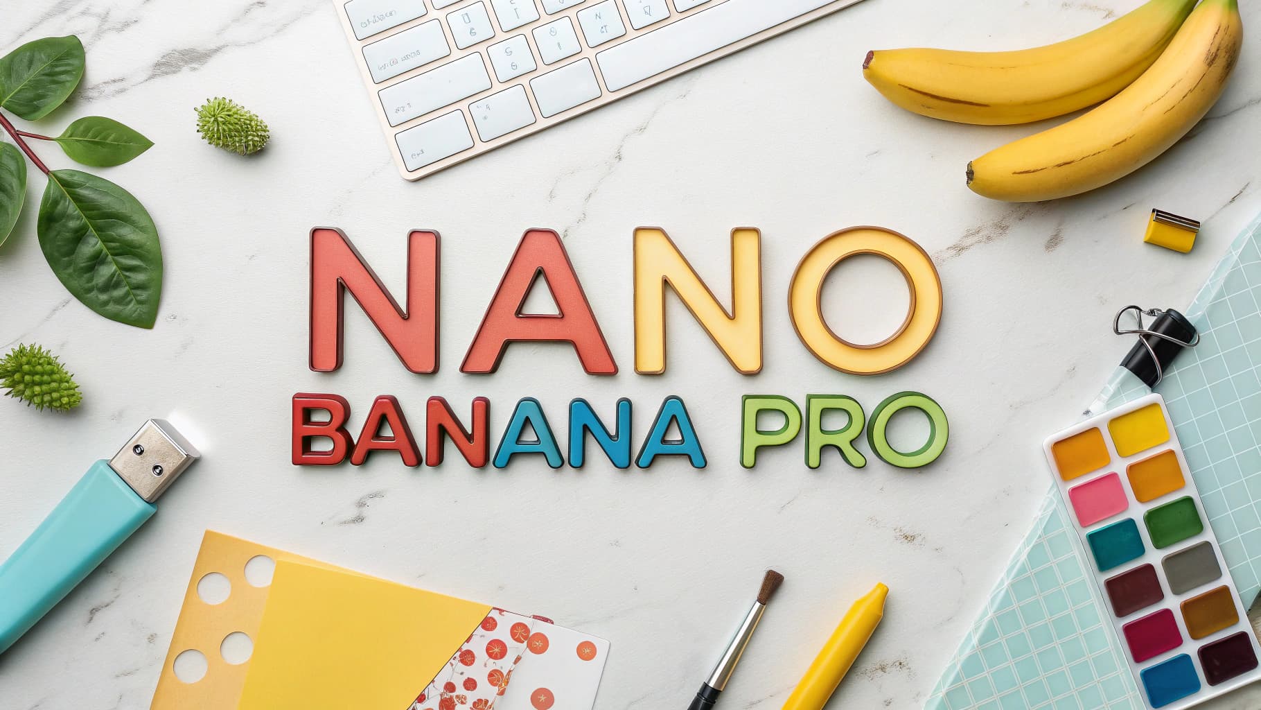 A creative flat-lay composition featuring the text "NANO BANANA PRO" in colorful 3D letters on a marble desk, surrounded by art supplies, a keyboard, and bananas, symbolizing the new professional capabilities of Google's Gemini 3 image model.