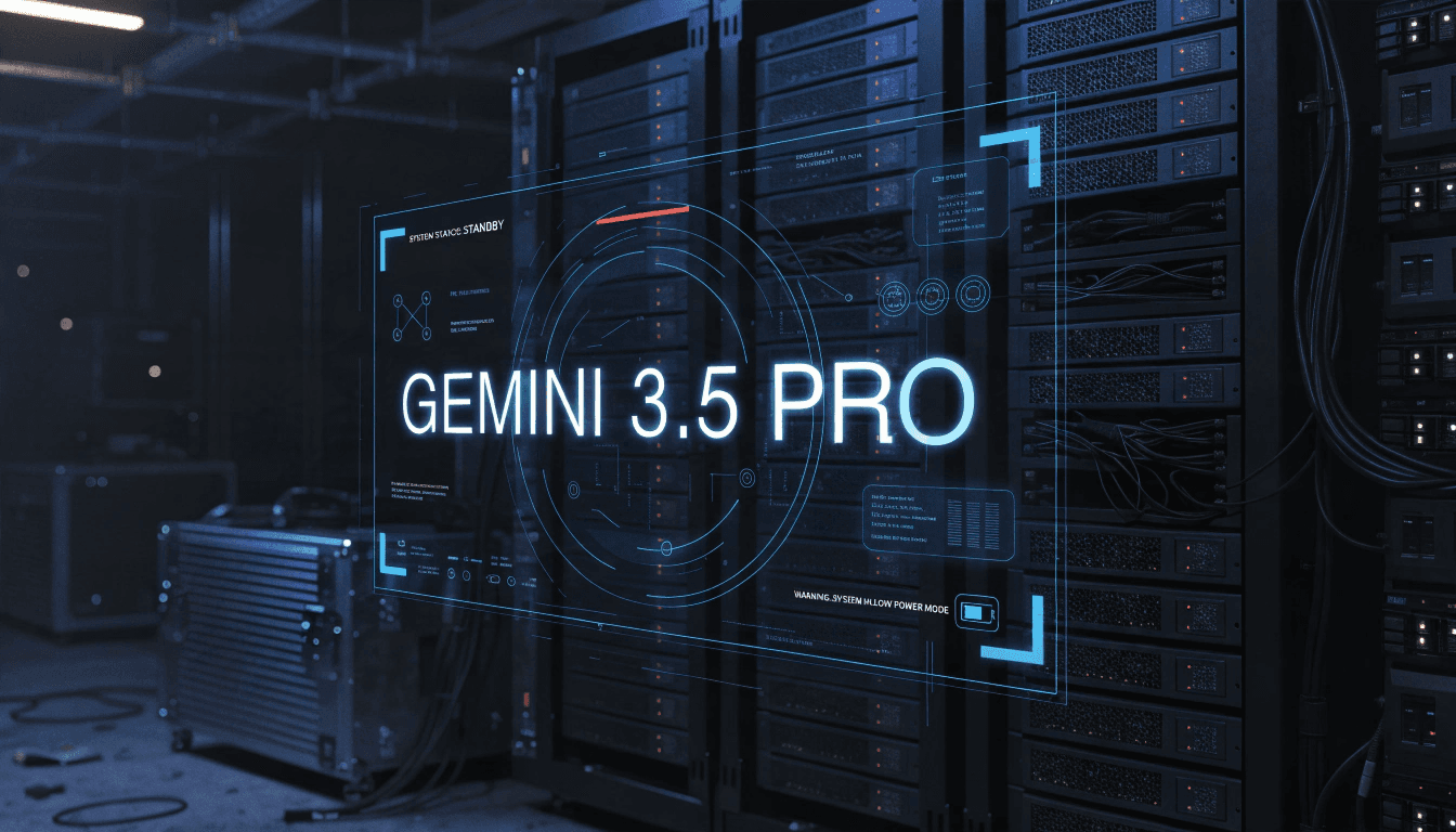 واجهة هولوغرامية مضيئة بعبارة GEMINI 3.5 PRO في حالة استعداد مؤقت داخل غرفة خوادم مظلمة تعبيراً عن تأخر إطلاق نموذج غوغل.