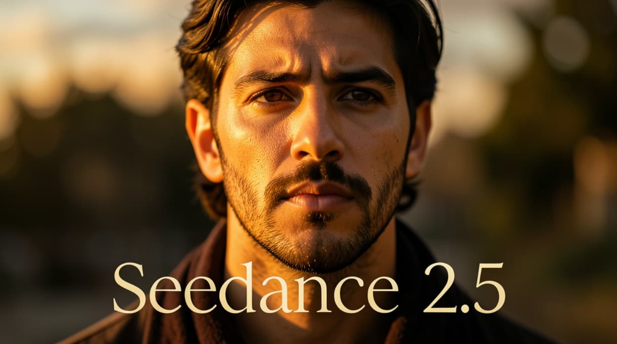 A realistic cinematic portrait of a man under warm sunset lighting with 'Seedance 2.5' text overlay, representing ByteDance AI video generation model.