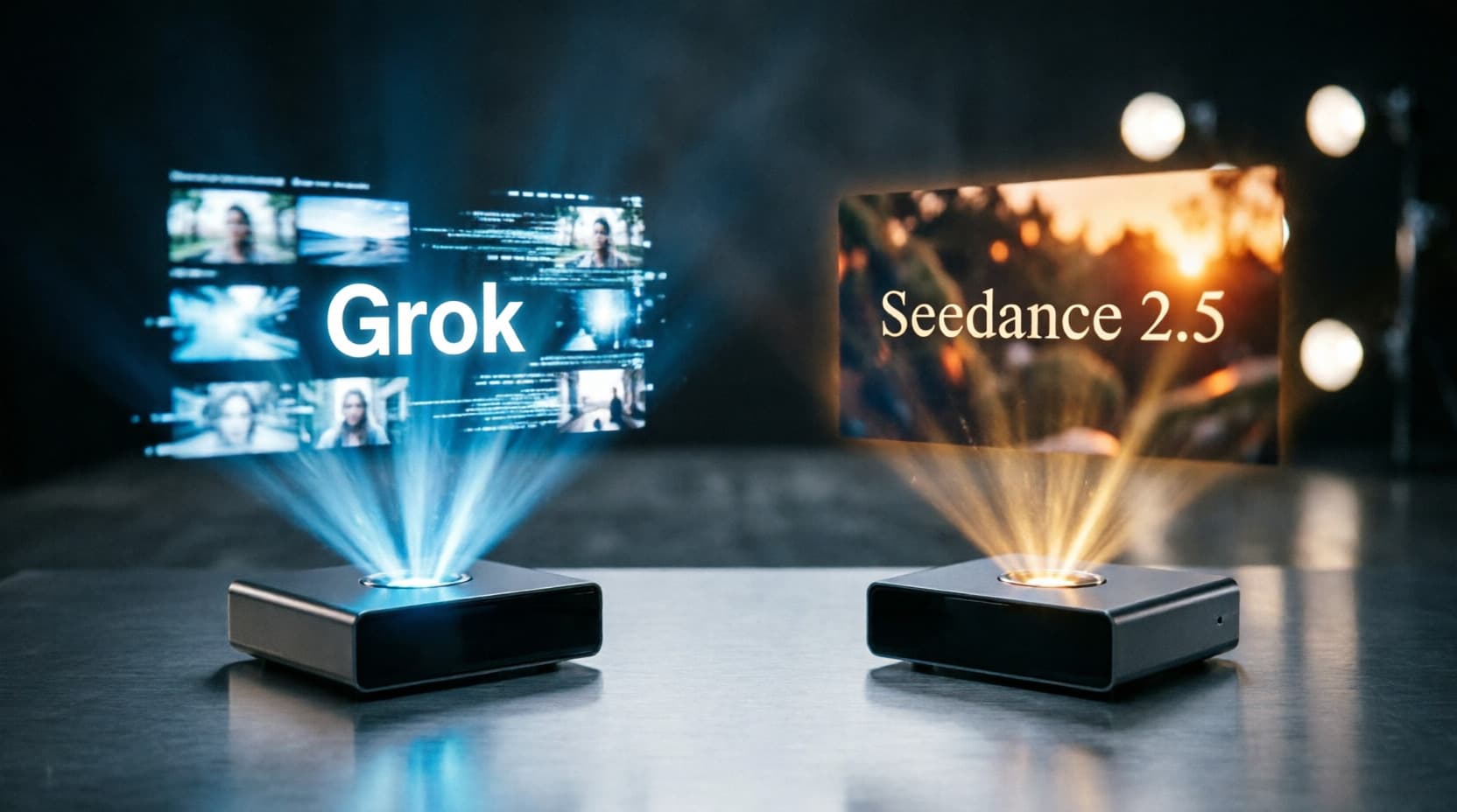 صورة هولوغرافية تقارن بين Grok و Seedance 2.5 لتوليد الفيديو بالذكاء الاصطناعي، تظهر شاشة زرقاء لنموذج Grok وشاشة ذهبية دافئة لنموذج Seedance 2.5.
