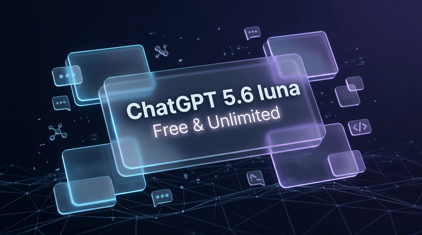 A modern glassmorphic tech graphic featuring a central translucent glass card with the text "ChatGPT 5.6 Luna - Free & Unlimited". The dark background is decorated with glowing neon blue and purple abstract chat bubbles, coding icons, and neural network nodes.