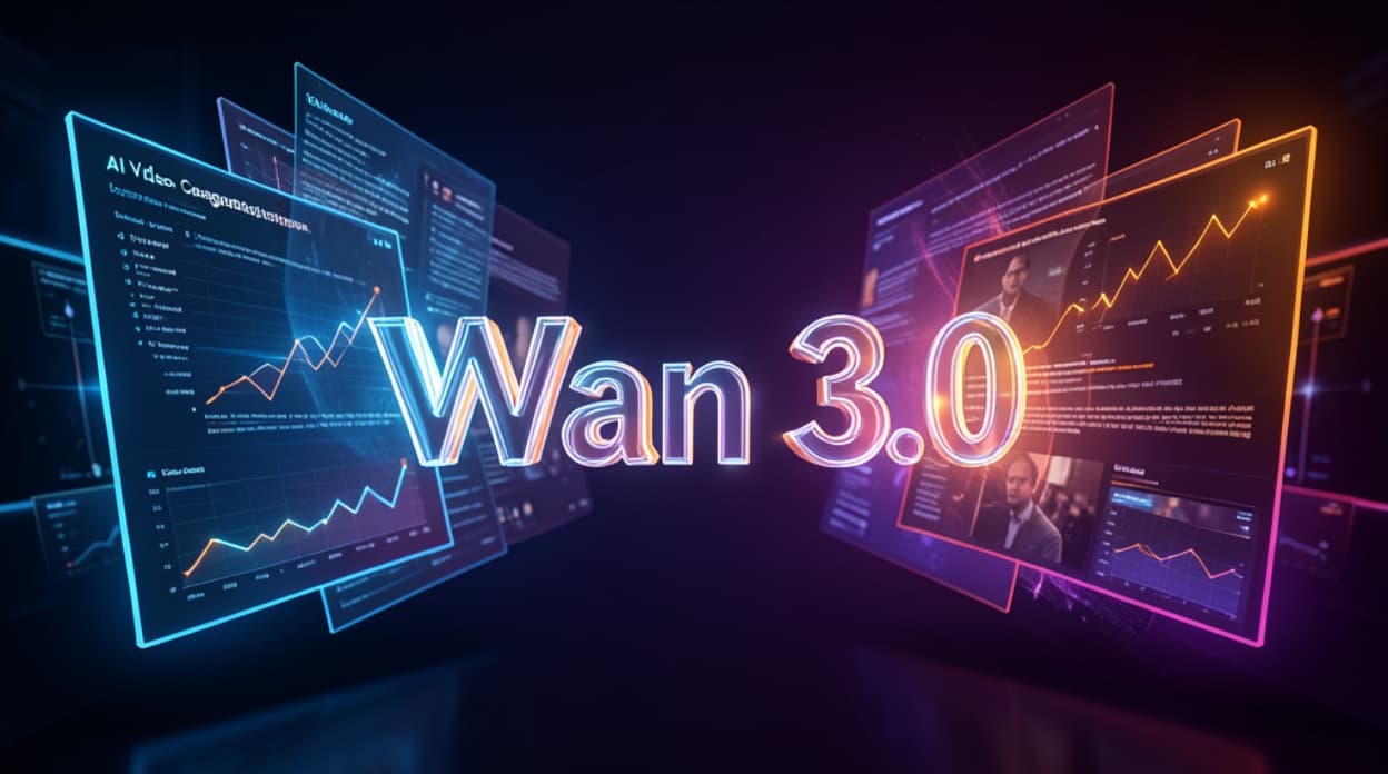 تصميم تقني يظهر نموذج Wan 3.0 وهو يحول المستندات والرسوم البيانية الرقمية إلى مقاطع فيديو بالذكاء الاصطناعي.