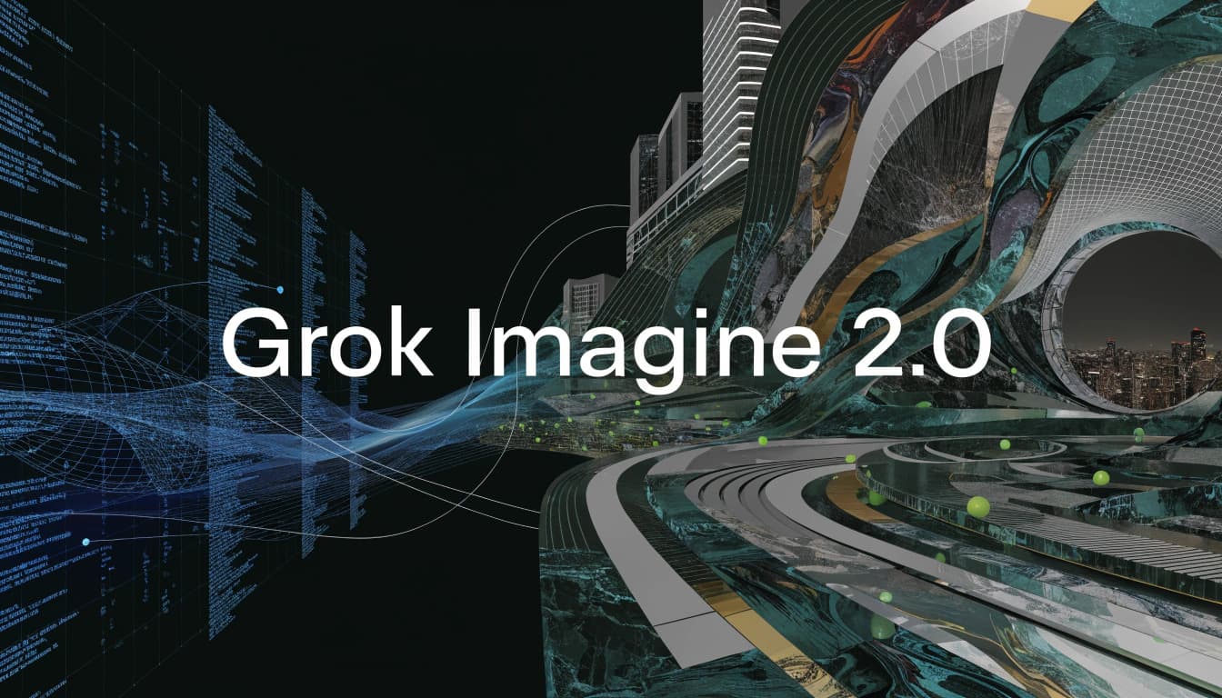 Grok Imagine 2.0 AI design tool featured image, showcasing digital code on the left transitioning into a 3D architectural landscape with bold white text of the model name in the center.