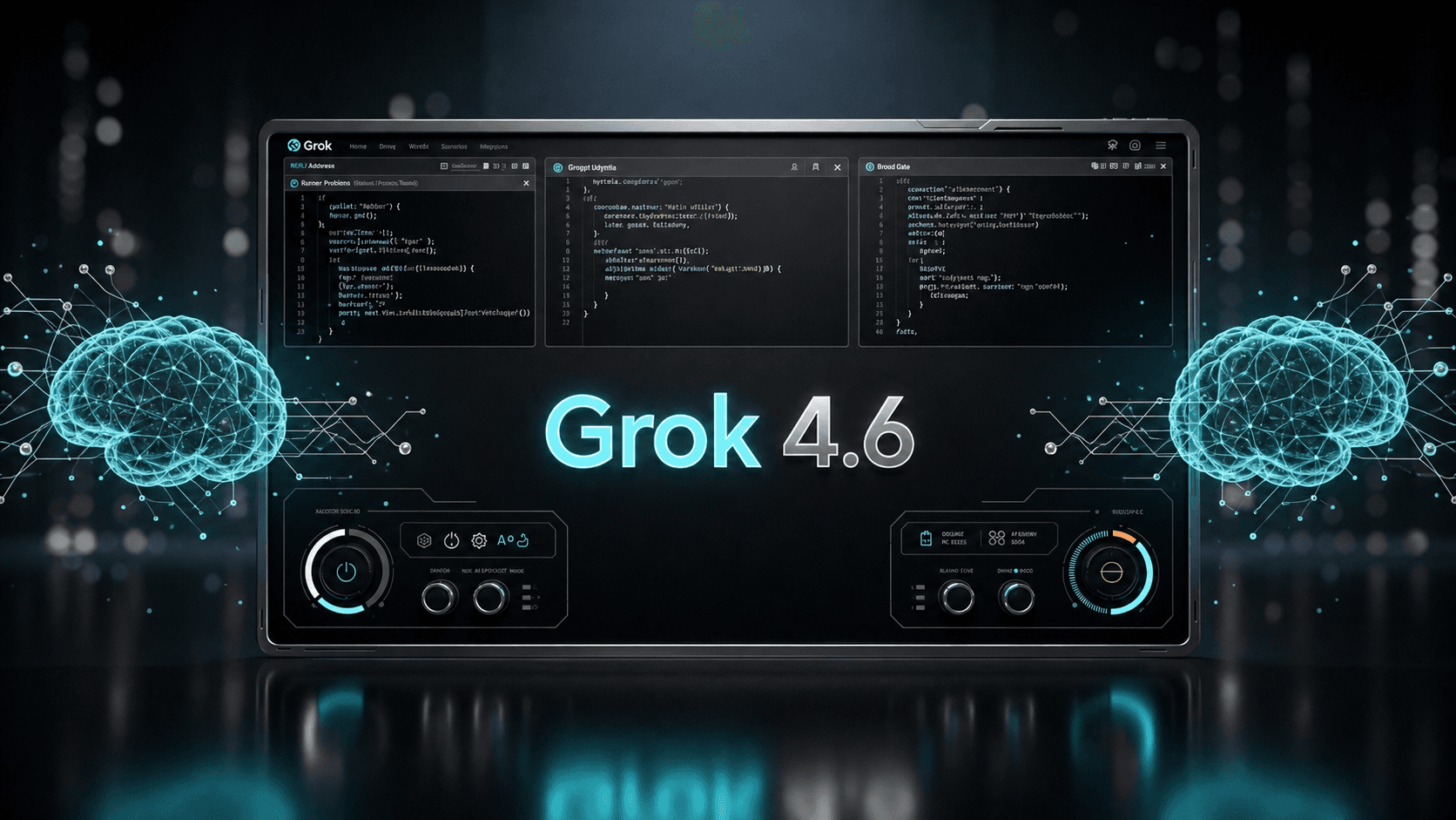 A futuristic dark-themed developer interface displaying code windows,featuring the glowing text "Grok 4.6" in the center with neon blue digital brain wireframes on both sides representing neural networks.