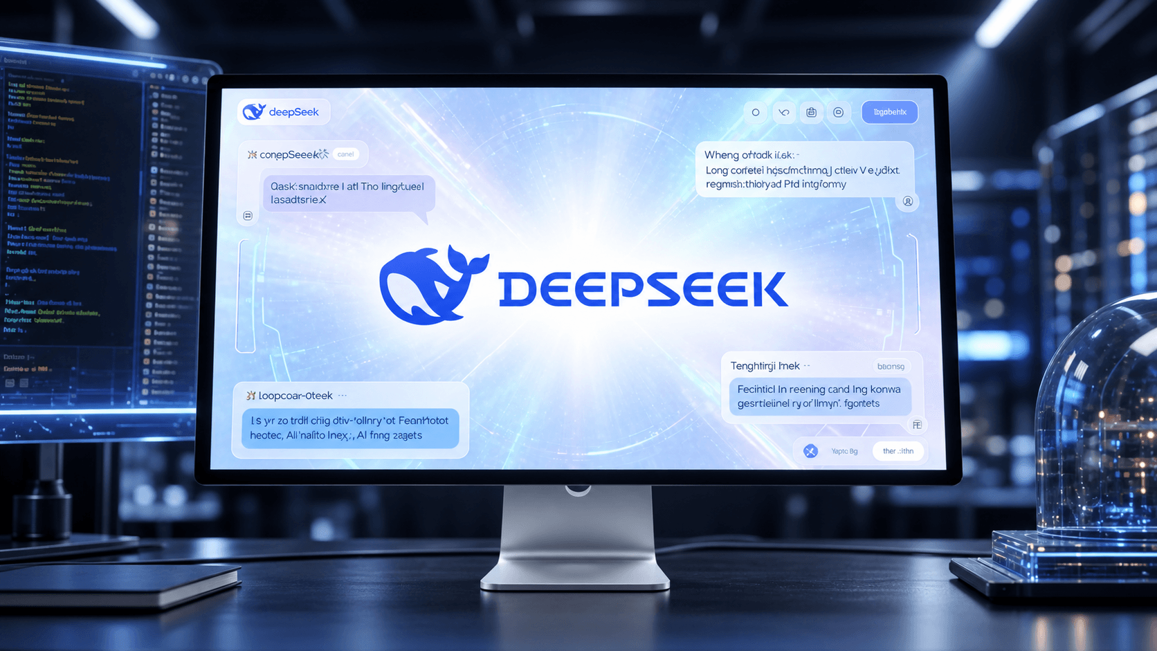 شاشة حاسوب تعرض واجهة المحادثة الرسمية لنموذج الذكاء الاصطناعي ديب سيك V4 Pro مع شعار الحوت الأزرق في خلفية برمجية متطورة.