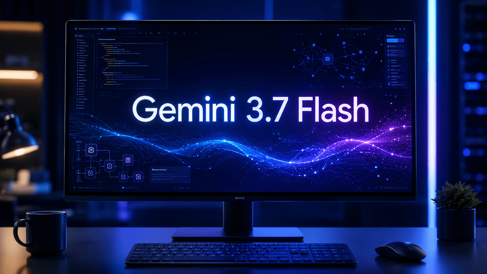 شاشة حاسوب تظهر نموذج الذكاء الاصطناعي Gemini 3.7 Flash بخلفية زرقاء وبنفسجية مضيئة على شكل شبكة بيانات رقمية على مكتب عمل