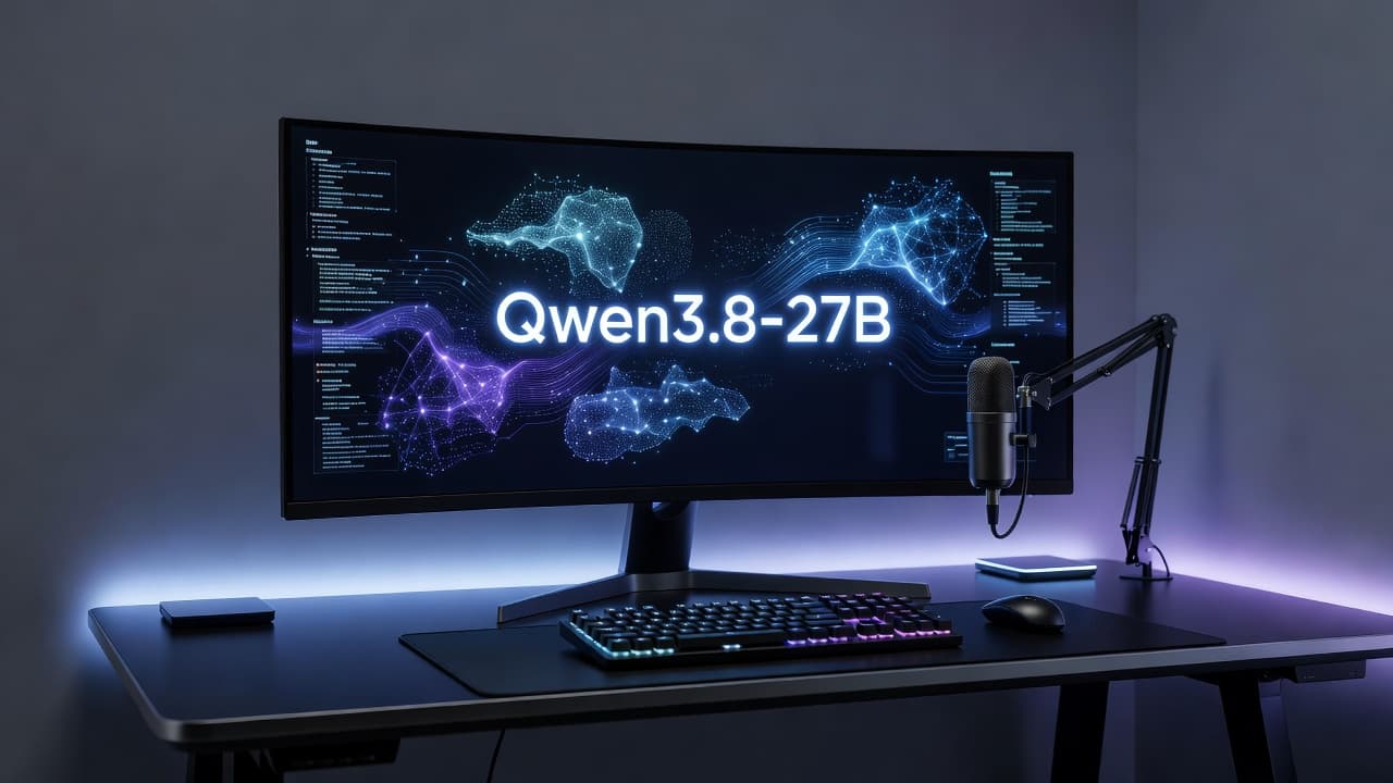 شاشة كمبيوتر منحنية في مساحة عمل مظلمة تعرض اسم نموذج الذكاء الاصطناعي Qwen3.8-27B بخط نيون مضيء ورسوم بيانية لشبكة عصبية.