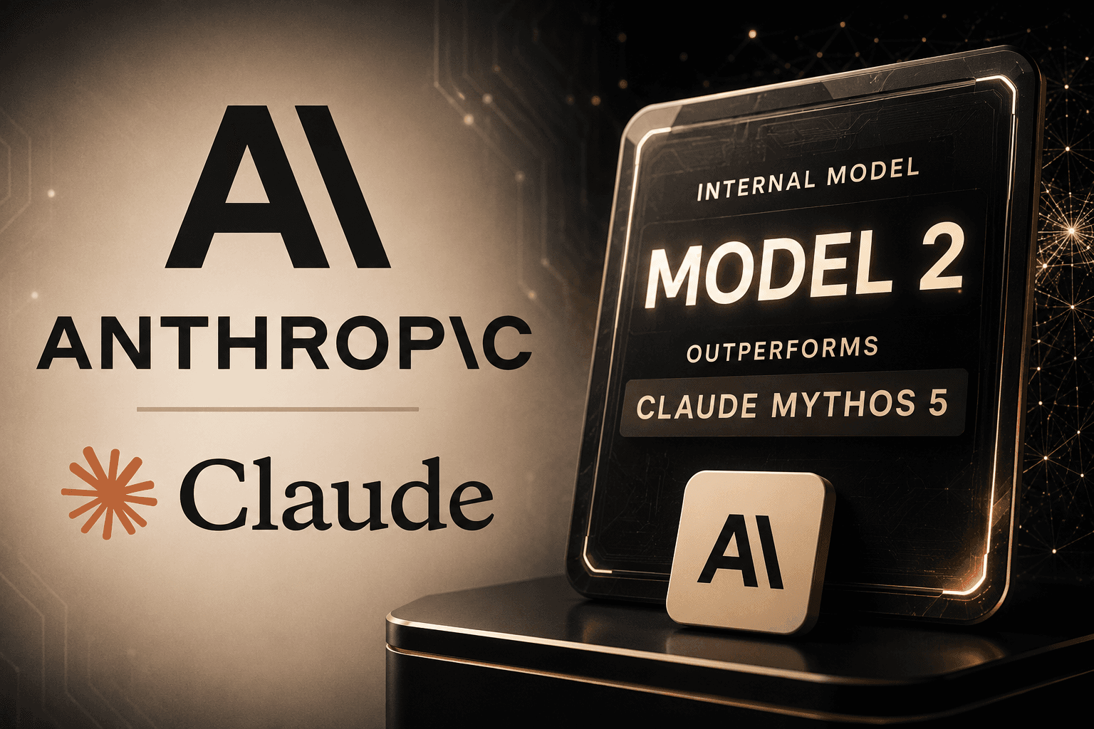 تصميم جرافيكي يوضح شعارات Anthropic و Claude بجانب لوحة رقمية سوداء مكتوب عليها تفوق النموذج الداخلي Model 2 على Claude Mythos 5.