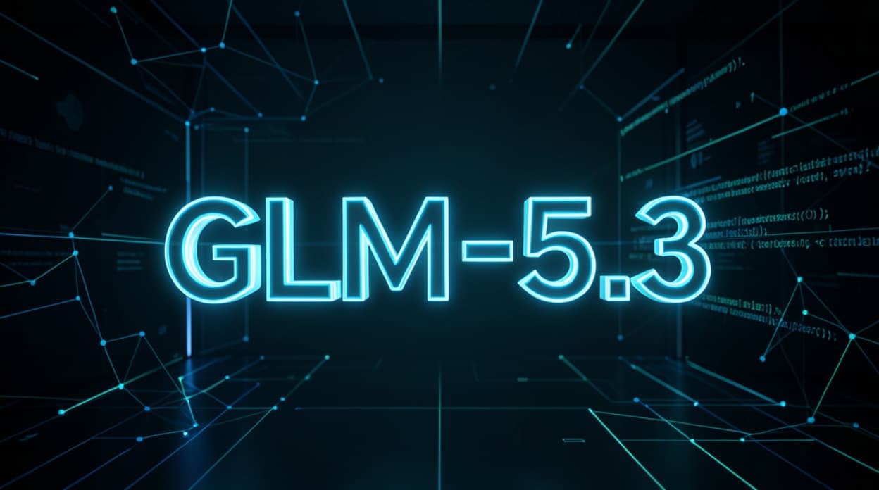 نص ثلاثي الأبعاد مضيء باللون السماوي يحمل اسم نموذج GLM-5.3 في منتصف خلفية رقمية داكنة تحتوي على أسطر برمجية وعقد شبكية لشبكة عصبية ذكية.