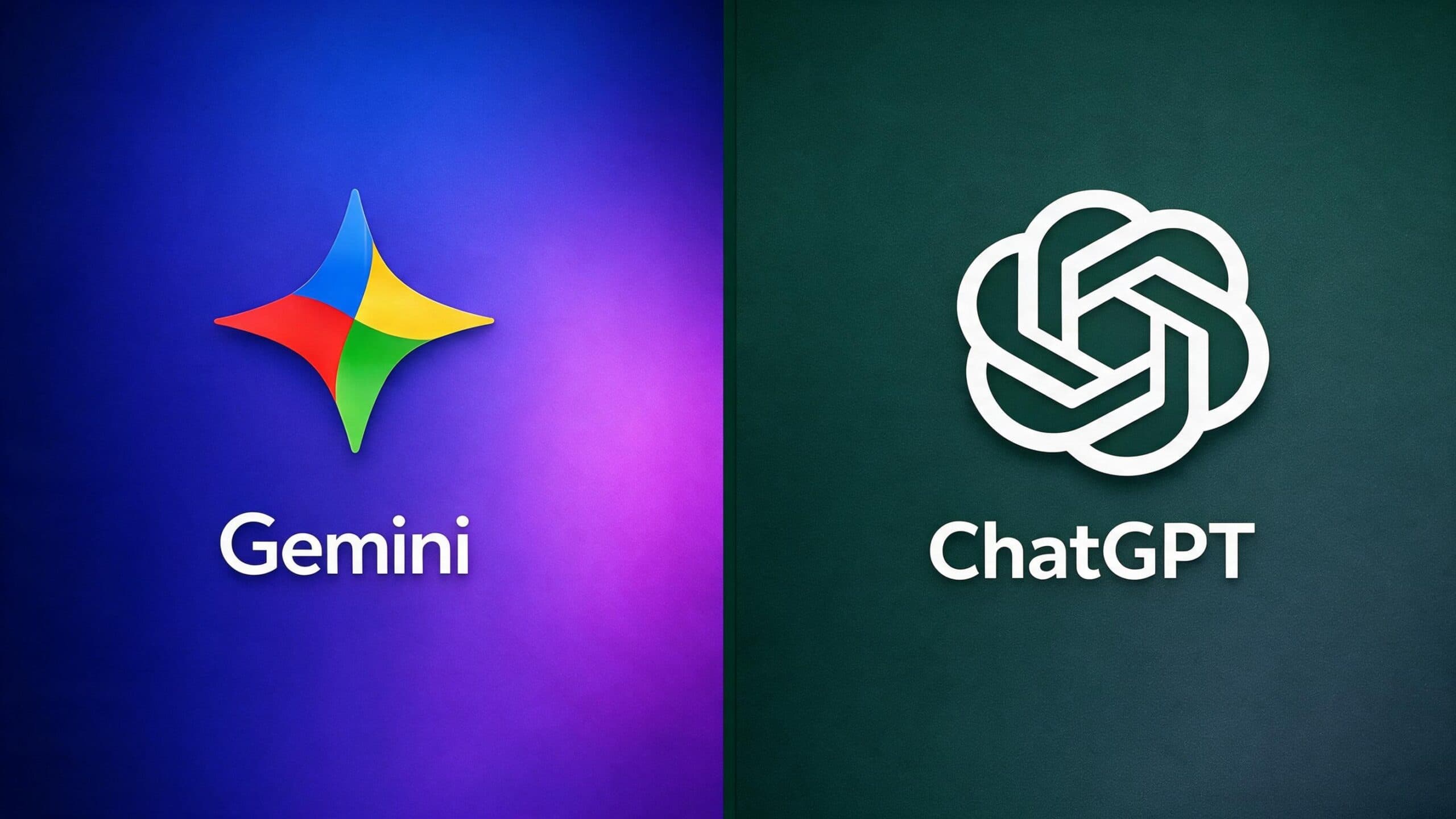 A split-screen comparison graphic displaying the blue Google Gemini logo with text and the green OpenAI ChatGPT logo with text.