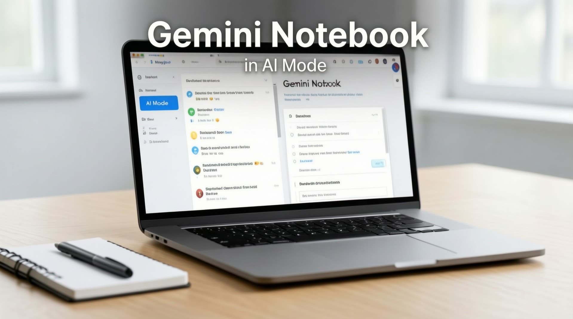 جهاز لابتوب مفتوح على مكتب خشبي يعرض واجهة ميزة Notebooks في وضع الذكاء الاصطناعي لمحرك بحث جوجل مع أداة Gemini Notebook، بجانبه دفتر ملاحظات ورقي وقلم.