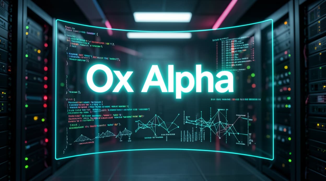 شاشة مجسمة ثلاثية الأبعاد تعرض اسم نموذج Ox Alpha البرمجي محاطة بأسطر كود وبيانات رسومية داخل غرفة خوادم ذكاء اصطناعي