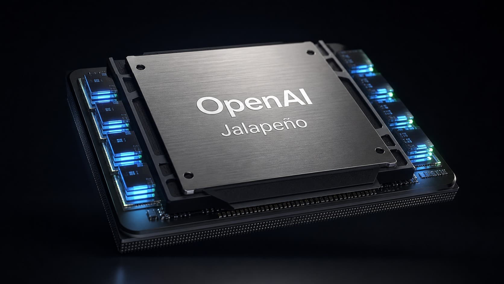 Close-up 3D render of the OpenAI Jalapeño custom AI inference chip featuring integrated HBM memory modules on a circuit substrate.