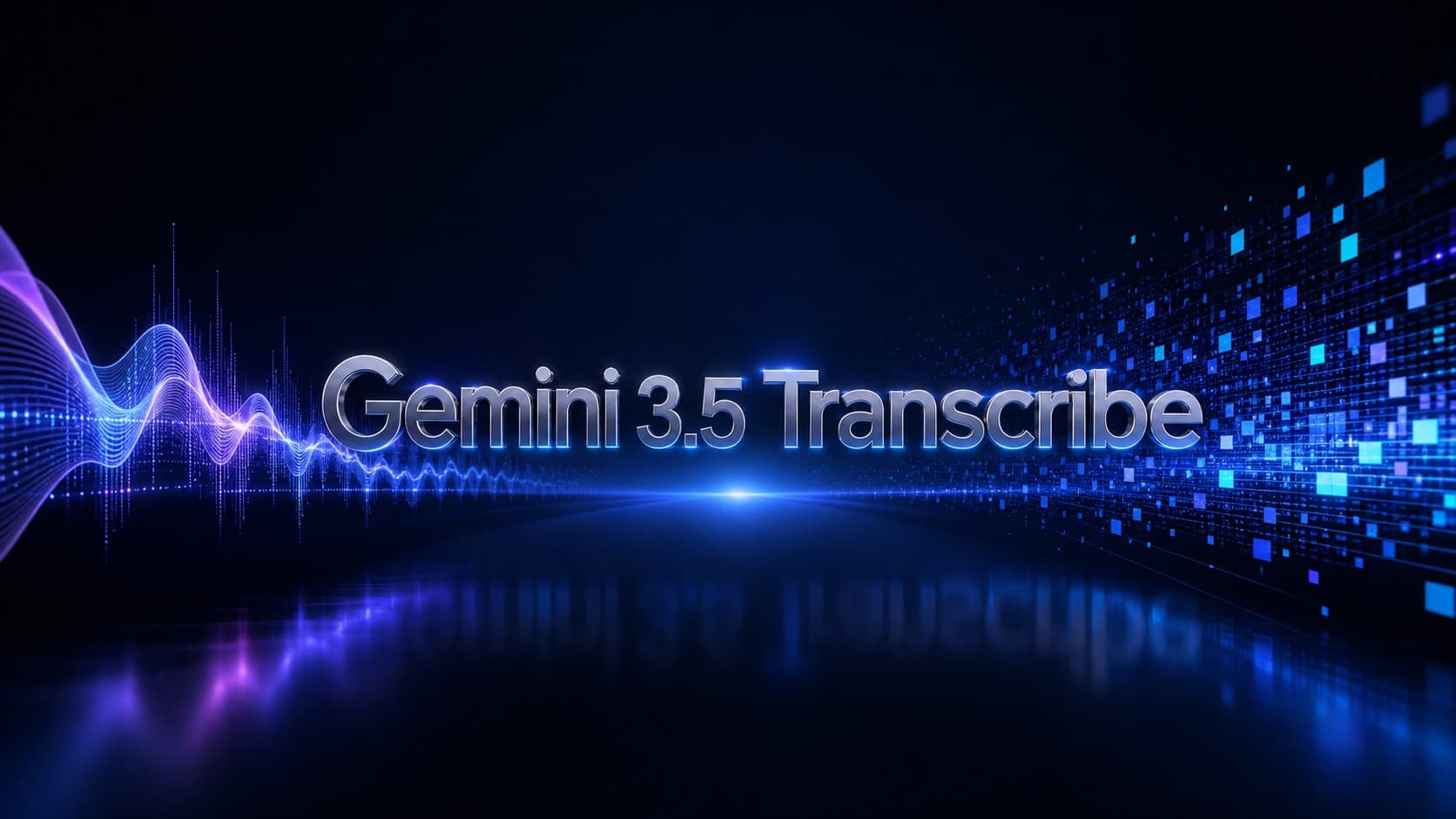 3D typography of Gemini 3.5 Transcribe centered on a dark reflective surface with glowing purple audio waveforms and blue digital data particles.