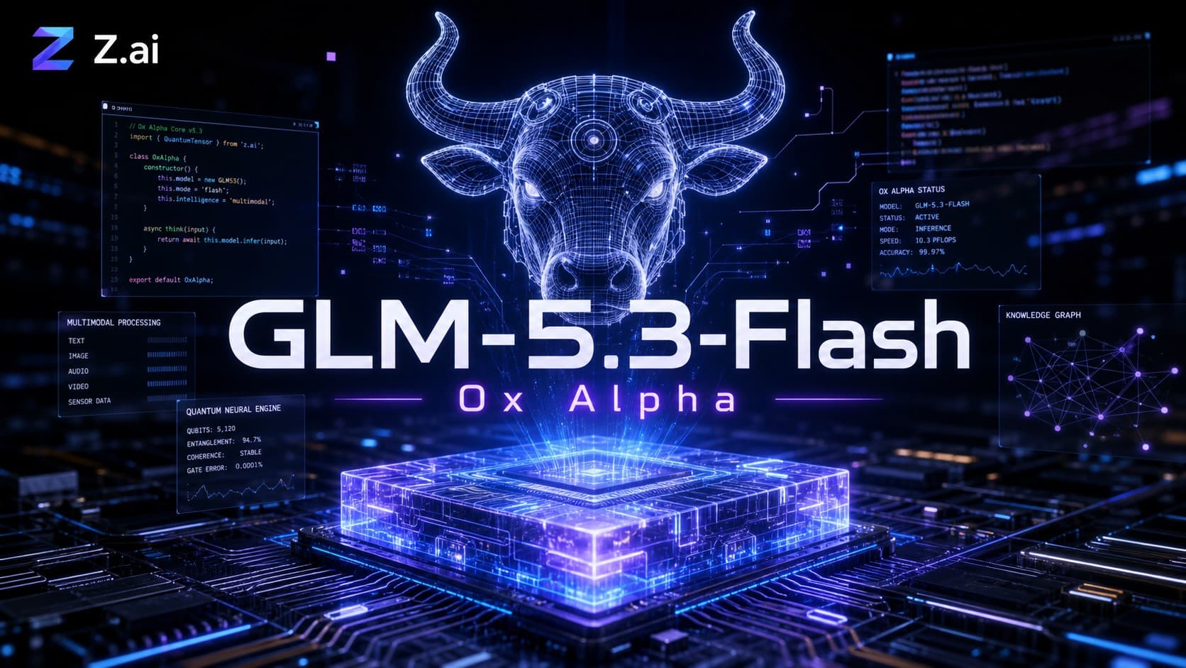 تصميم رقمي لنموذج GLM-5.3-Flash من شركة Z.ai يظهر شعار الشركة ومجسم أوكس ألفا (Ox Alpha) الهولوغرافي فوق رقاقة معالجة الذكاء الاصطناعي مع أسطر برمجية.