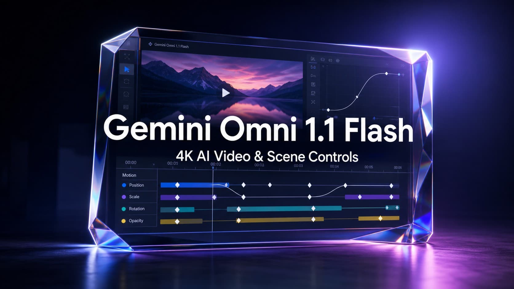 تصميم رقمي يعرض واجهة طراز Gemini Omni 1.1 Flash مع أدوات التحكم في مسار الكاميرا وتوليد فيديو بدقة 4K