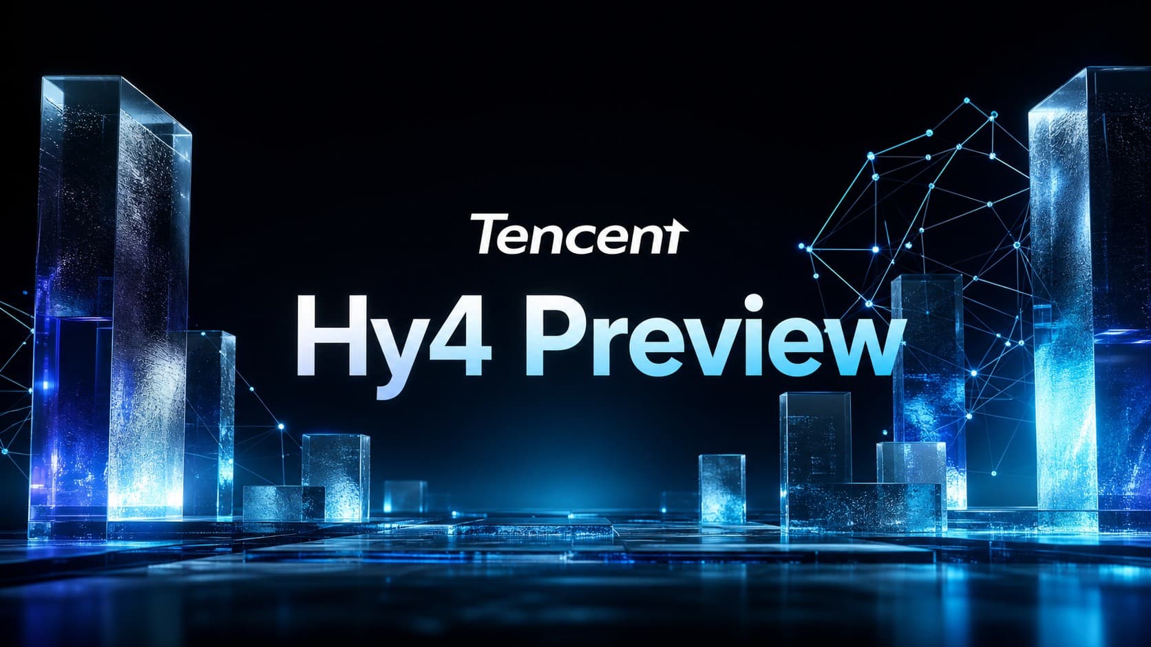شعار نموذج الذكاء الاصطناعي Tencent Hy4 Preview محاطًا بمجسمات زجاجية مضيئة وشبكات عصبية ثلاثية الأبعاد