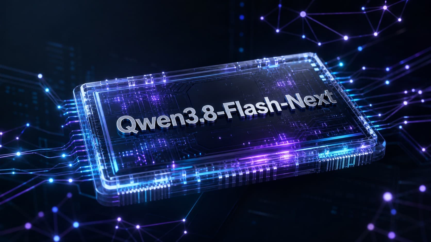 معالج ذكاء اصطناعي مستقبلي مضيء يحمل اسم نموذج Qwen3.8-Flash-Next محاط بشبكات عصبية ومسارات حوسبة متطورة.