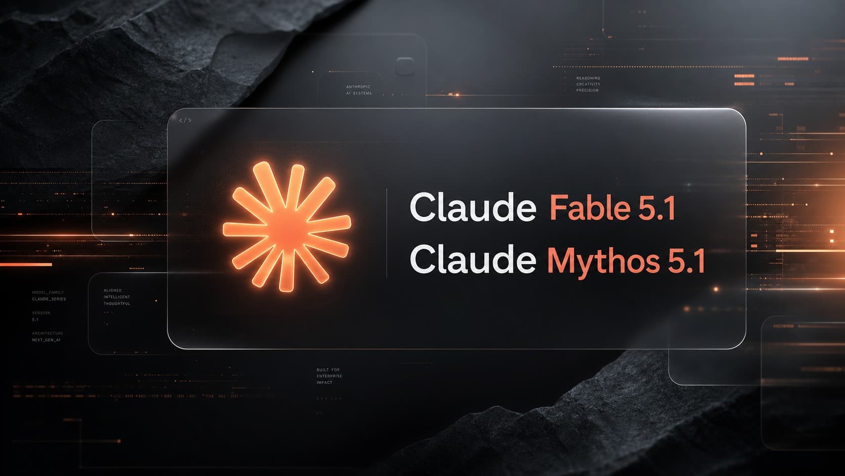 Glowing orange Anthropic Claude starburst logo with Claude Fable 5.1 and Claude Mythos 5.1 typography on a sleek dark frosted glass background.