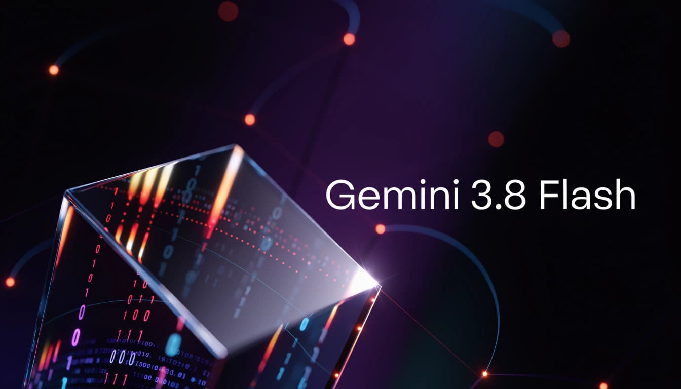 تصميم ثلاثي الأبعاد يوضح إطلاق نموذج الذكاء الاصطناعي Gemini 3.8 Flash من جوجل مع رموز برمجية وشبكات عصبية متصلة