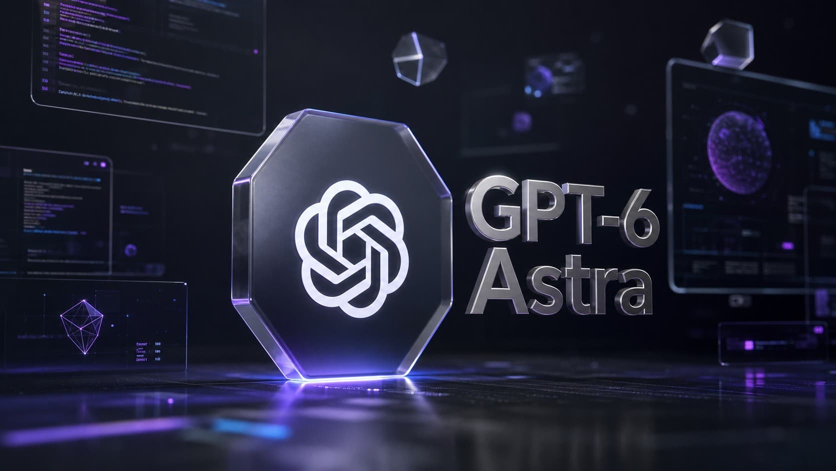 Illuminated 3D OpenAI logo alongside metallic GPT-6 Astra typography surrounded by floating holographic coding interfaces