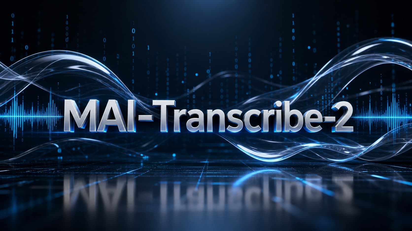 شعار ثلاثي الأبعاد لنموذج MAI-Transcribe-2 محاط بموجات صوتية رقمية وترددات زرقاء متوهجة ترمز لتقنية تحويل الصوت إلى نصوص