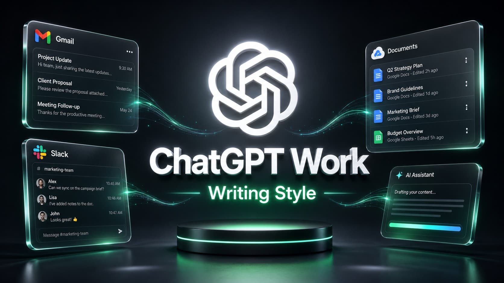 Glowing OpenAI logo and ChatGPT Work Writing Style text surrounded by floating UI cards for Gmail, Slack, and Google Drive documents.