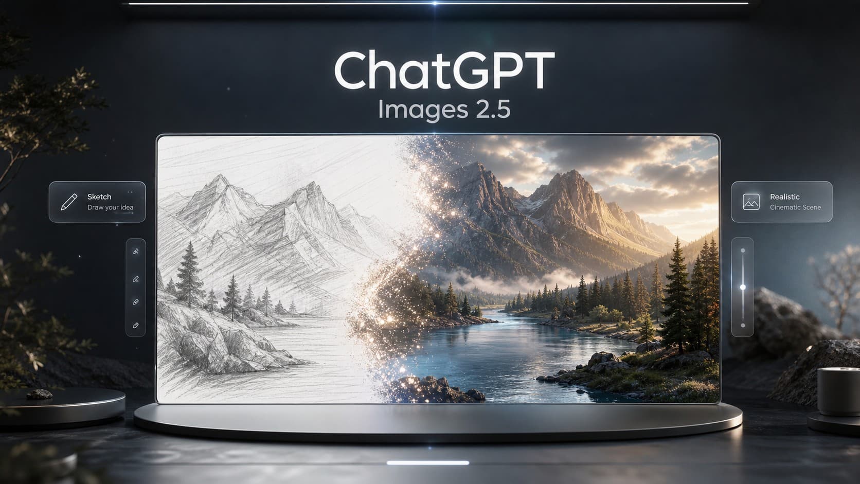 واجهة ChatGPT Images 2.5 توضح تحويل رسم تخطيطي لجبال وبحيرة إلى مشهد سينمائي واقعي عبر أداة الرسم Sketch الجديدة من OpenAI.
