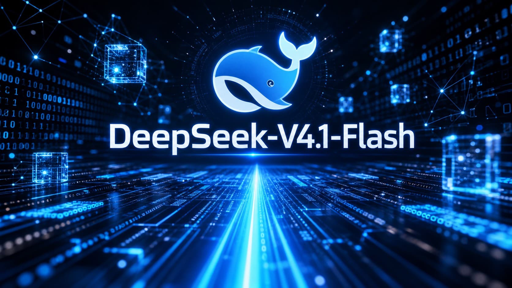 شعار نموذج الذكاء الاصطناعي DeepSeek-V4.1-Flash على خلفية تقنية رقمية زرقاء ثلاثية الأبعاد