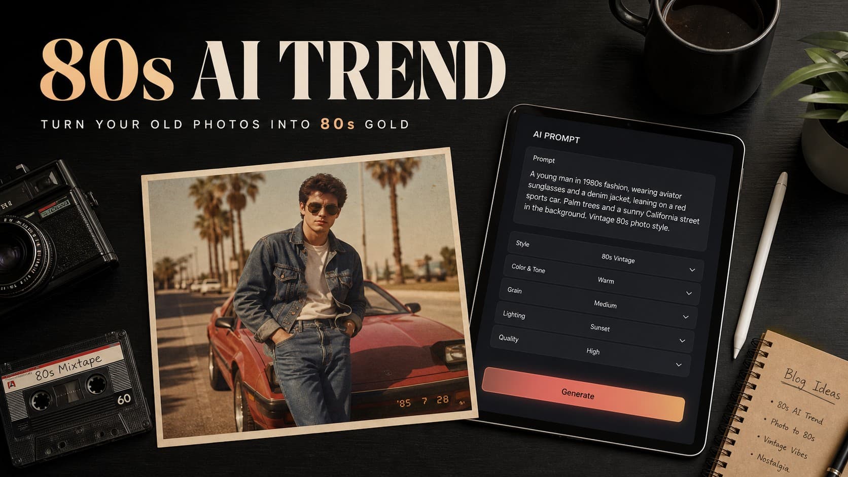 A vintage 1985 printed photograph of a man in 80s denim fashion next to a tablet displaying an AI prompt interface for creating 1980s retro photos.