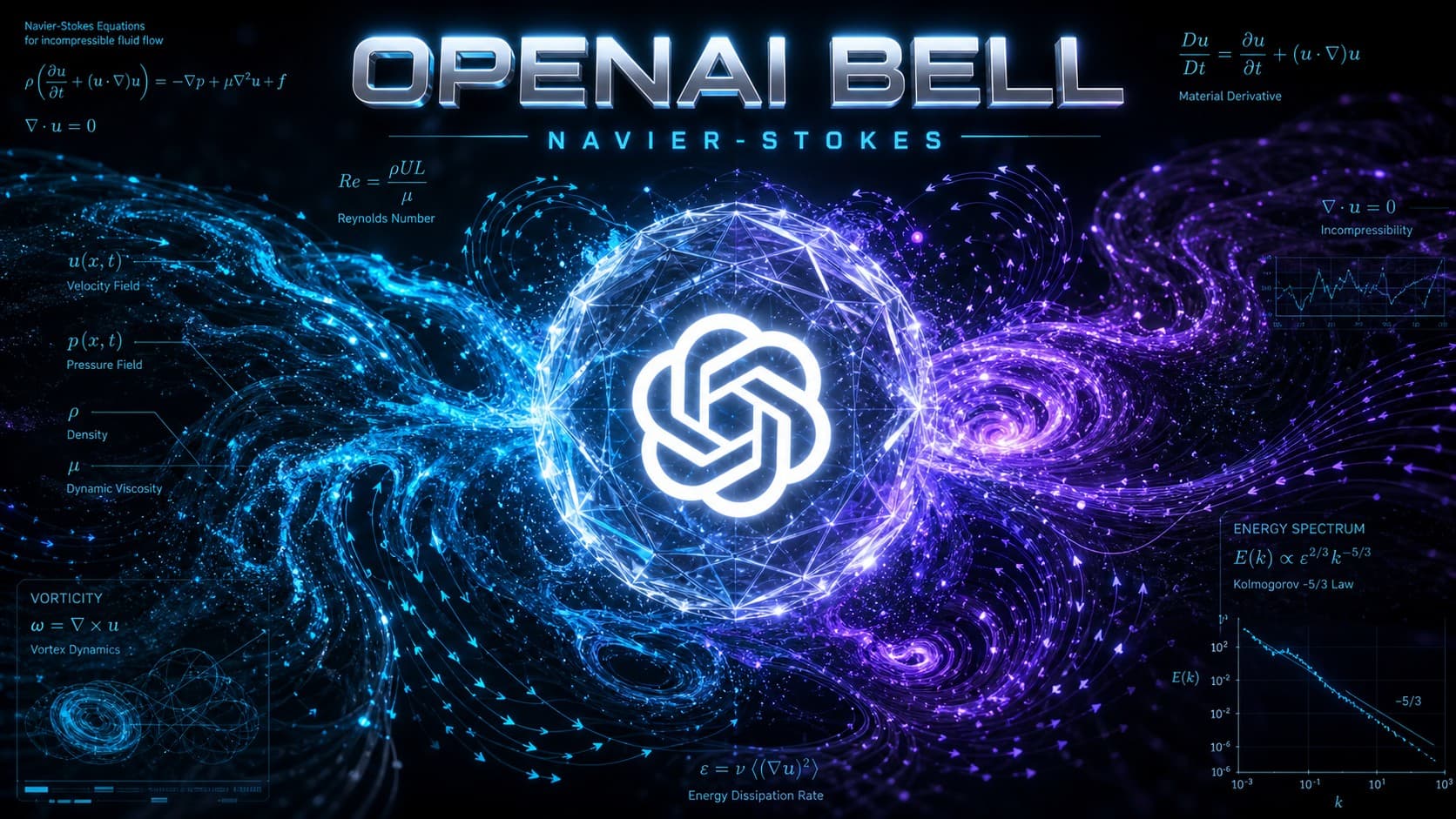 Futuristic 3D visualization of the OpenAI Bell model featuring a glowing OpenAI logo, Navier-Stokes fluid dynamics equations, and turbulent vector flow streams.