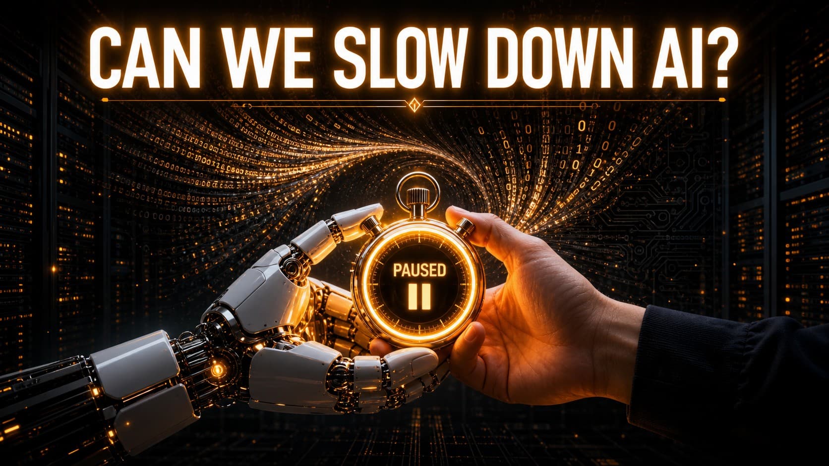 A robotic hand and human hand holding a glowing stopwatch pausing digital code representing the AI slowdown debate