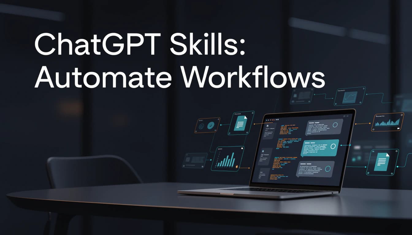 A laptop on a dark modern desk displaying connected AI workflow nodes and UI cards, with bold typography reading "ChatGPT Skills: Automate Workflows"
