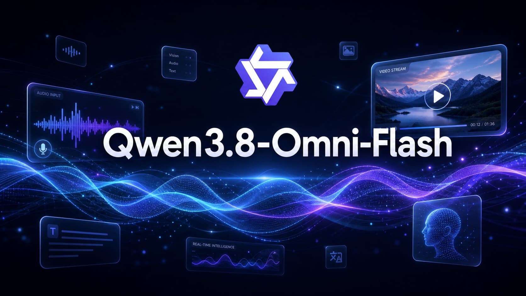 تصميم رقمي يعرض شعار كوين مع نص Qwen3.8-Omni-Flash محاطاً بموجات صوتية وشاشة بث فيديو وبيانات الذكاء الاصطناعي متعدد الوسائط في خلفية تقنية مظلمة.