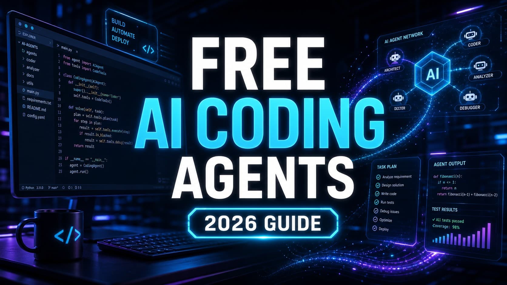 شاشة بيئة تطوير برمجية تعرض أكواداً وشبكة وكلاء ذكاء اصطناعي مع نص Free AI Coding Agents 2026 Guide