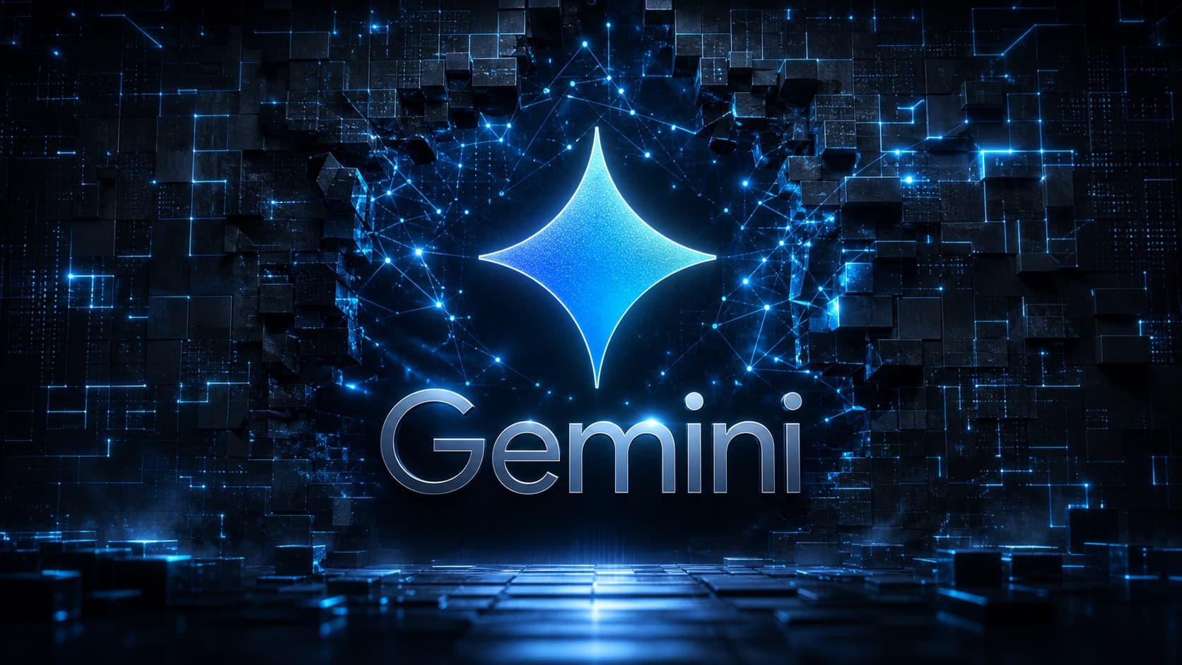 Glowing blue Google Gemini AI logo and typography on a dark futuristic digital cyber grid symbolizing autonomous cybersecurity evaluation
